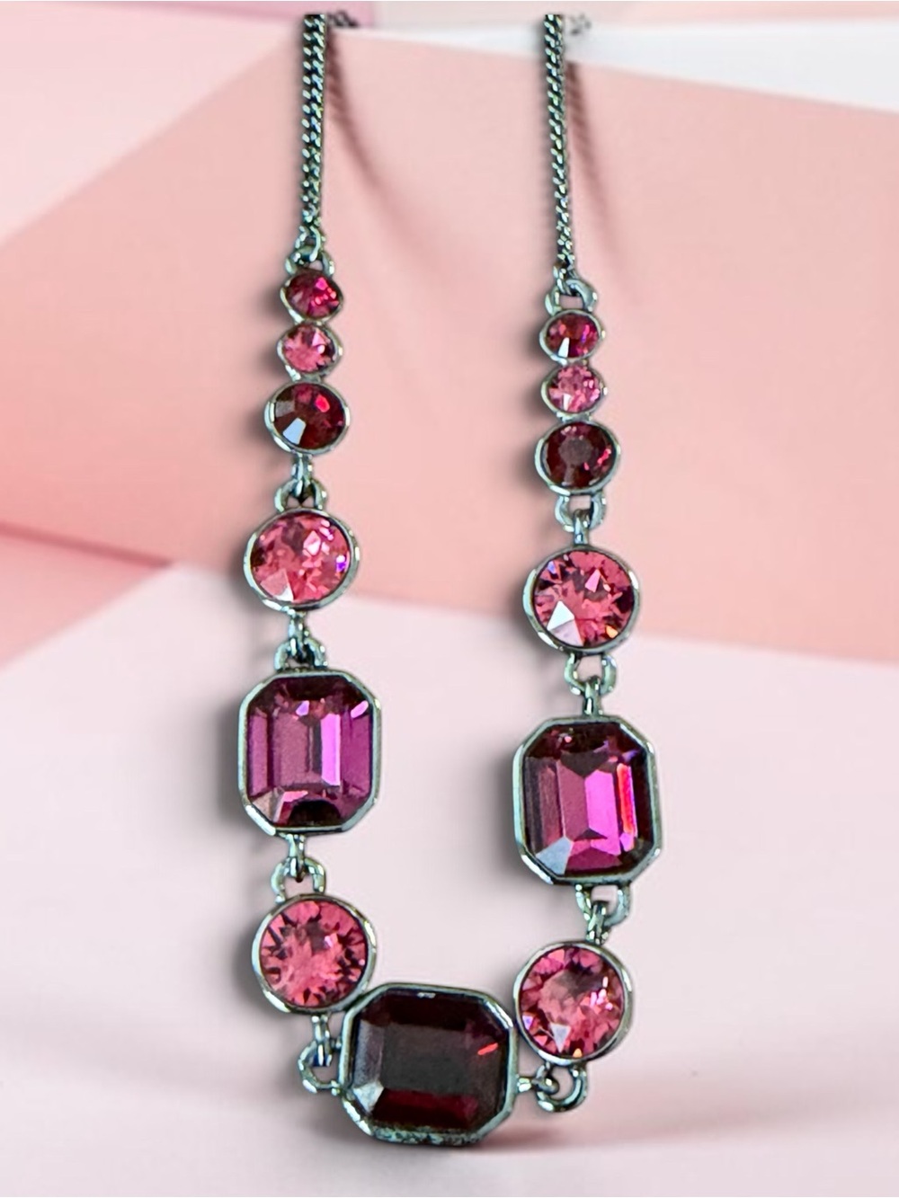 Vintage Givenchy Gunmetal Red & Pink Crystal Statement Necklace